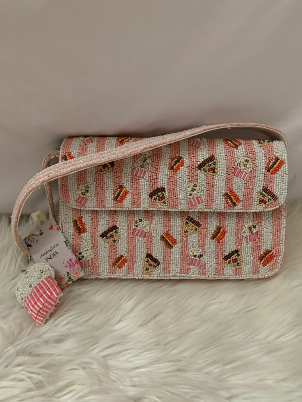 HANDCRAFTED IN INDIA Pizza, Cake, Cupcakes Seed Beaded Clutch Bag